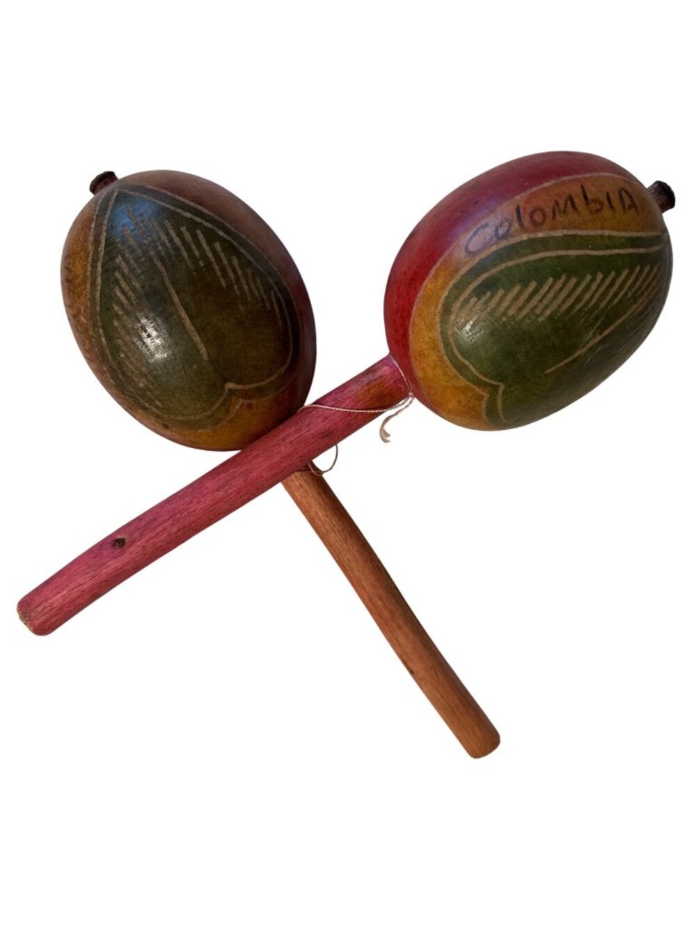 Handcrafted Colombian Maracas With Colorful Carved Gourd Design And Wooden Handl - Picture 3 of 3